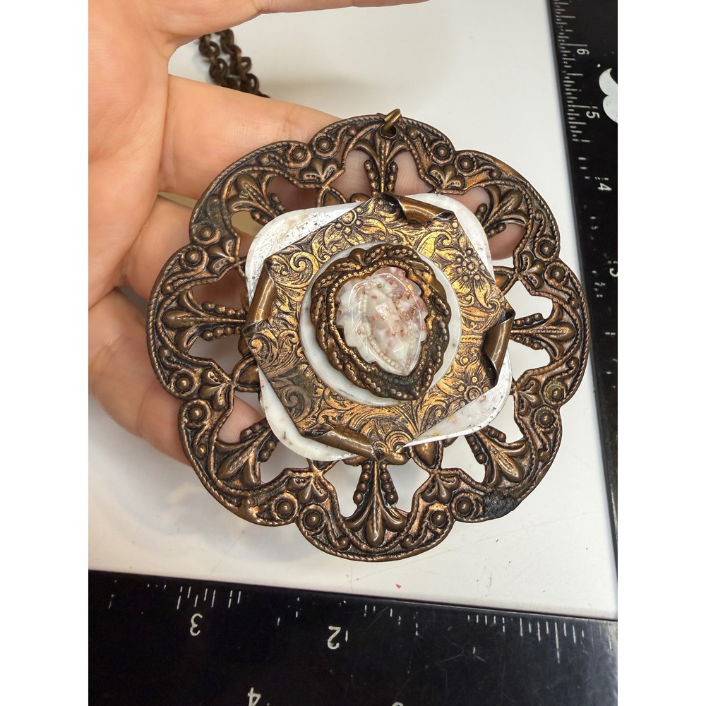 Antique Bronze Filigree Medallion Cameo Statement Necklace Heart Shell Oversized